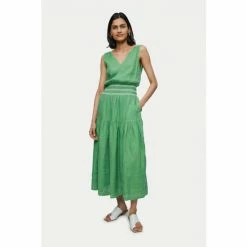 Jigsaw Green Linen Smocked Detail Maxi Dress