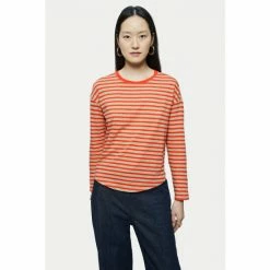 Jigsaw Red Cotton Slub Stripe Long Sleeve Boyfriend T-Shirt