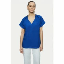 Jigsaw Blue Linen Ruffle Top