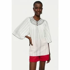 Jigsaw White Cotton Stripe Smocked Top